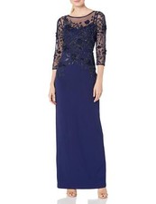 Adrianna Papell Women's Beaded Illusion Column Gown, Light Navy, 6 $349