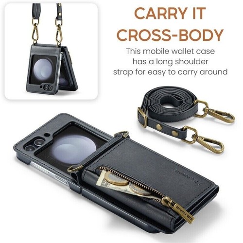Leather Crossbody Zipper Wallet Case Cover For Samsung Galaxy Z Flip7 FE 6 5 4 3 - Picture 13 of 75