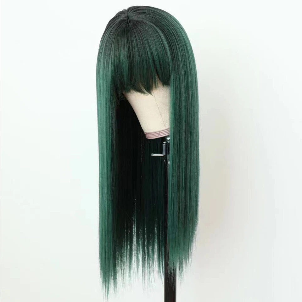 Pelucas Verdes Ombre Flequillo Largo Recto Mujeres Fibra Sintética Cabello Fiesta Foto 2 de 4