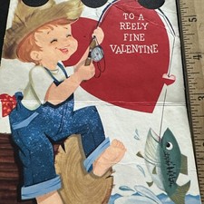 Vtg Valentine s Day Card Boy Diecut 1960s Fishing Reeling In A Fish Happy