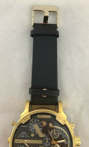 Herrenuhr schwarz/gold Edelstahl Chronograph Quarz mit schwarzem Lederband - Bild 2 von 3