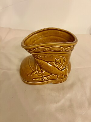 Vintage Gold/brown Fishing Boot Ceramic Planter Japan