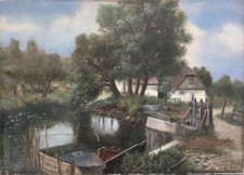 Ölbild Anker Lund Dorfidylle mit Weiden und Bauernkate 1918 45 x 63 cm Antik