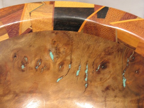 Rare Turquoise Inlay Hand Carved Multi-Wood Bowl, 10" x 3", Signed - Picture 9 of 12
