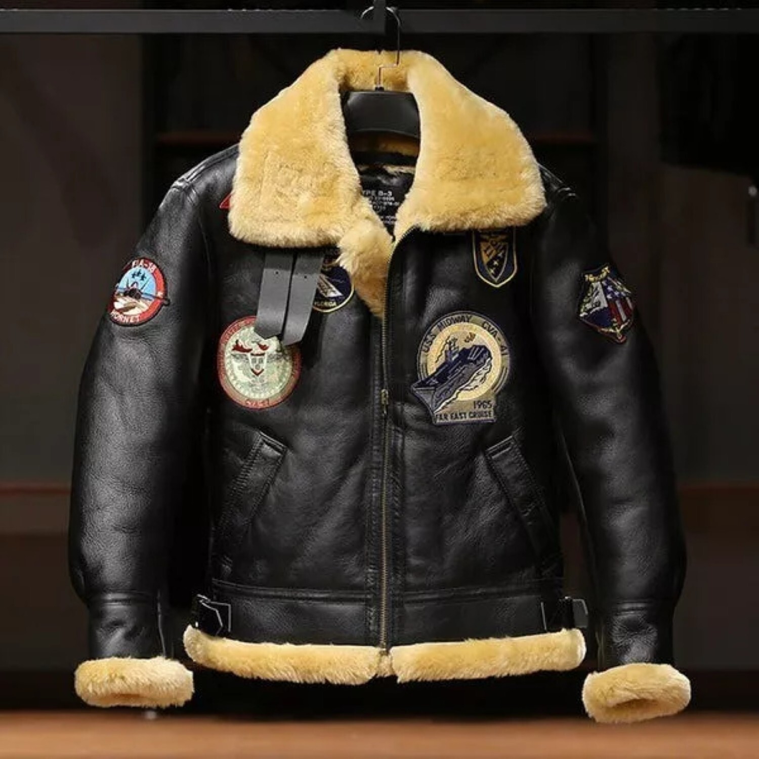 Bomber B3 fatto a mano giacca uomo pelle di pecora shearling cappotto lana caldo