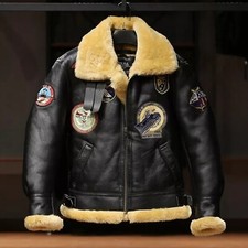 Handmade B3 Bomber Jacket Men's Sheepskin Shearling Leather Warm Wool Coat