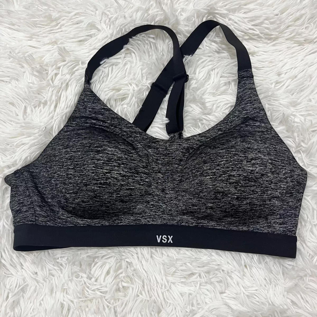 VICTORIAS SECRET SPORTS BRA 36B GRAY BLACK SPACE DYE CRISS CROSS STRAPS  FULL 36