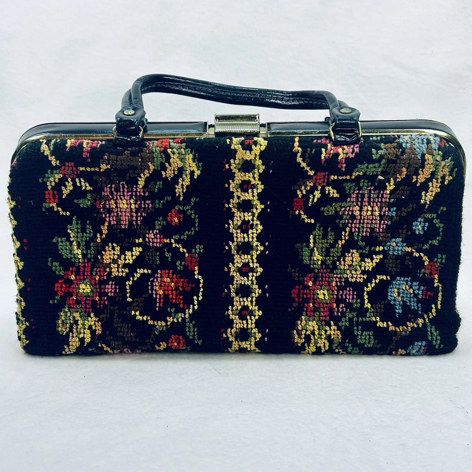 Vintage Floral Carpet Bag Needlepoint Tapestry Structured Satchel Medium Black - Image 4 of 4