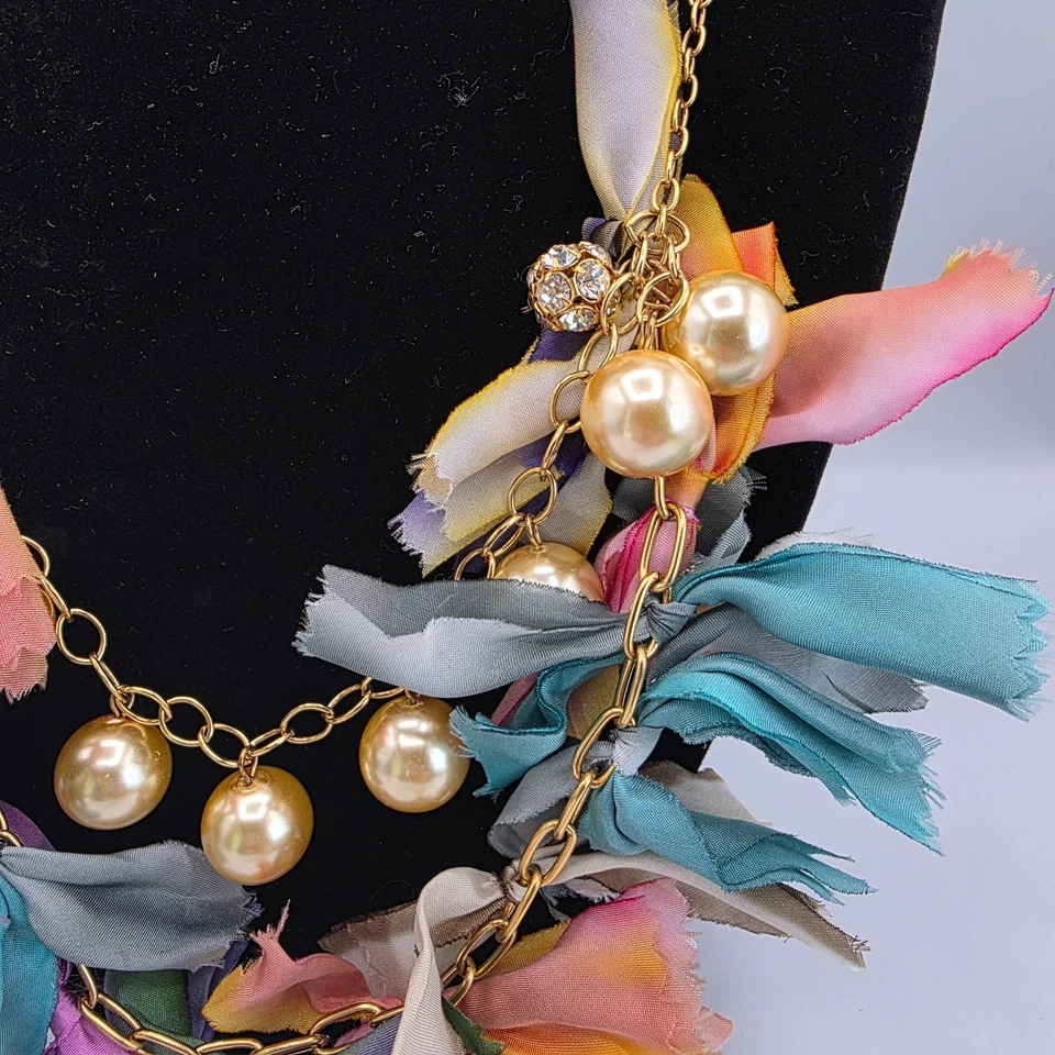 Lenora Dama Mujer 2 Hilos Cadena Collar Tono Dorado Multicolor Tela Perla 37" Foto 2 de 4