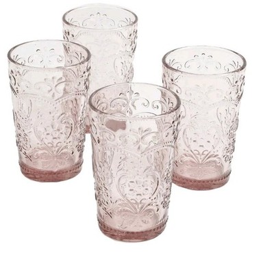 Four (4) Pioneer Woman ~ AMELIA ~ ROSE ~ 15.22 Ounce ~ Embossed Glass Tumblers
