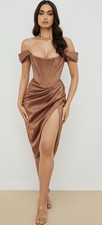 NWT HOUSE OF CB XS LORETTA TOFFEE SATIN OFF SHOULDER DRESS RETAIL $285
