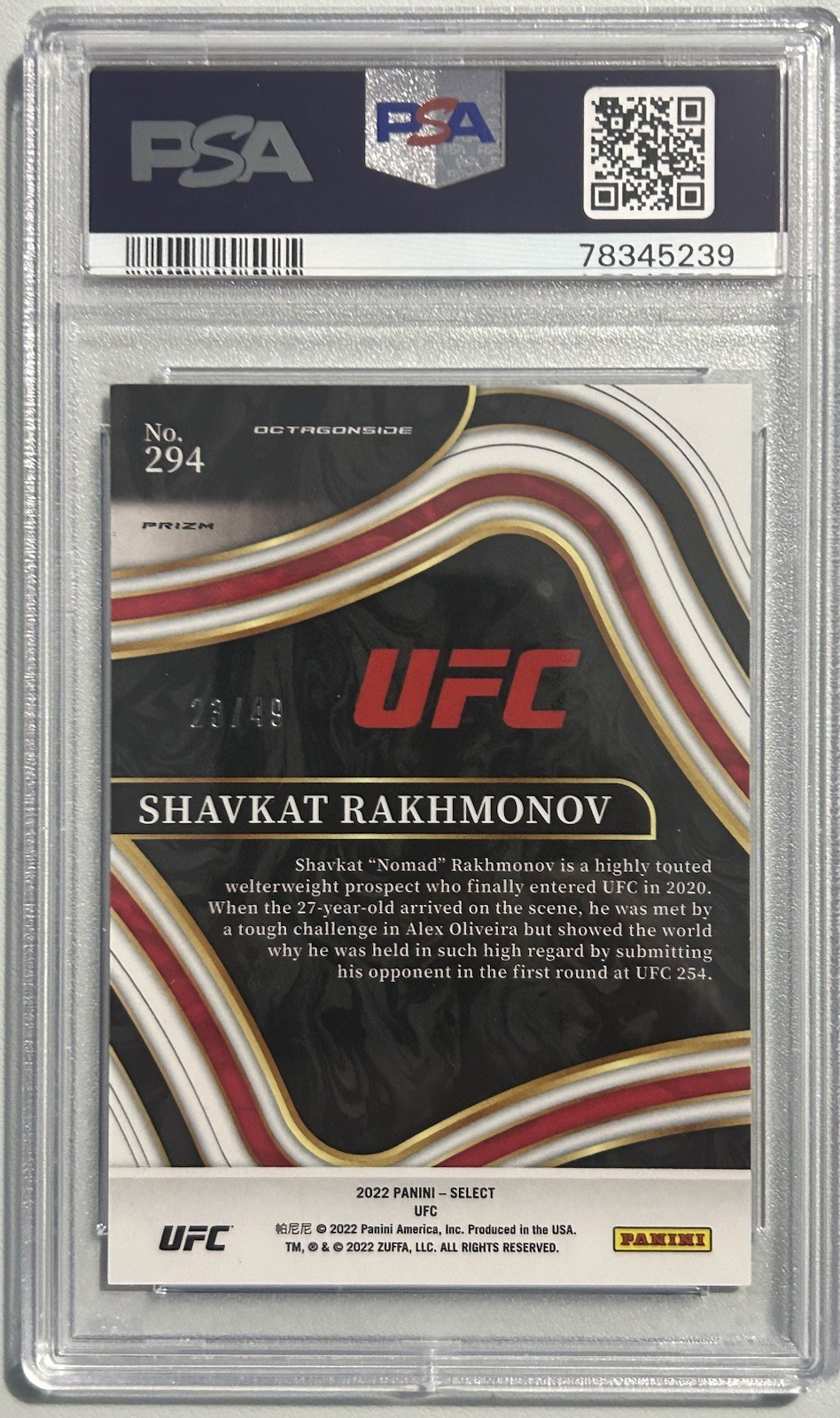2022 Select UFC - Octagonside Shavkat Rakhmonov #294 Blue Disco Prizm /49 PSA 9 view 2