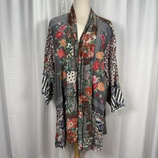 John Mark Women’s Size 1X Open Cardigan Kimono Patchwork Embroidered Floral
