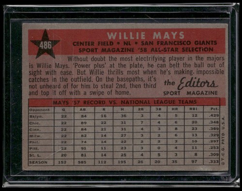 Willie Mays 1958 Topps #486 San Francisco Giants MLB - Picture 2 of 2