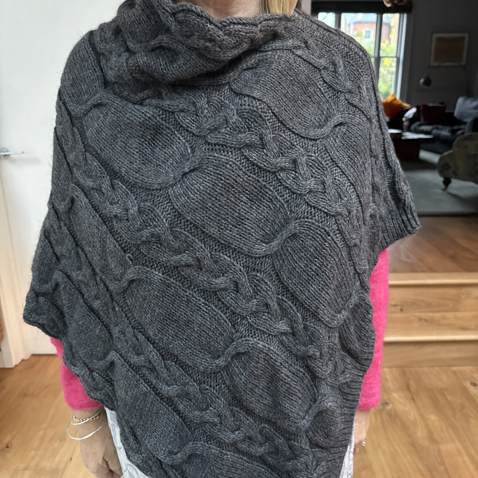JIGSAW Made In Italy Dark Grey Cable Knit Alpaca Blend Poncho