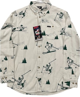 Teton Gravity Research Apres Vous Flannel Shirt Mens M Skiing Trees Graphic NWT