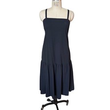 Everlane Dropwaist Sundress in Black Stretch Seersucker Midi Length Size 10