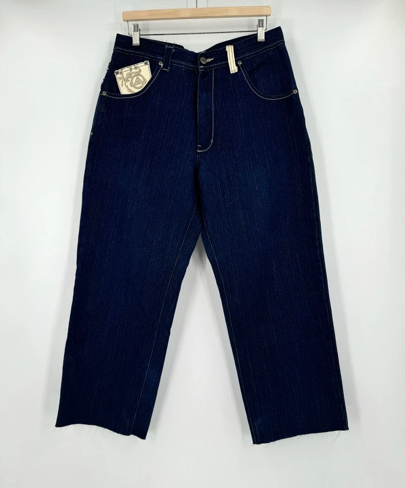 Pantalones de mezclilla azul crudo para hombre Y2K azul bordado dobladillo crudo pierna recta Foto 2 de 4