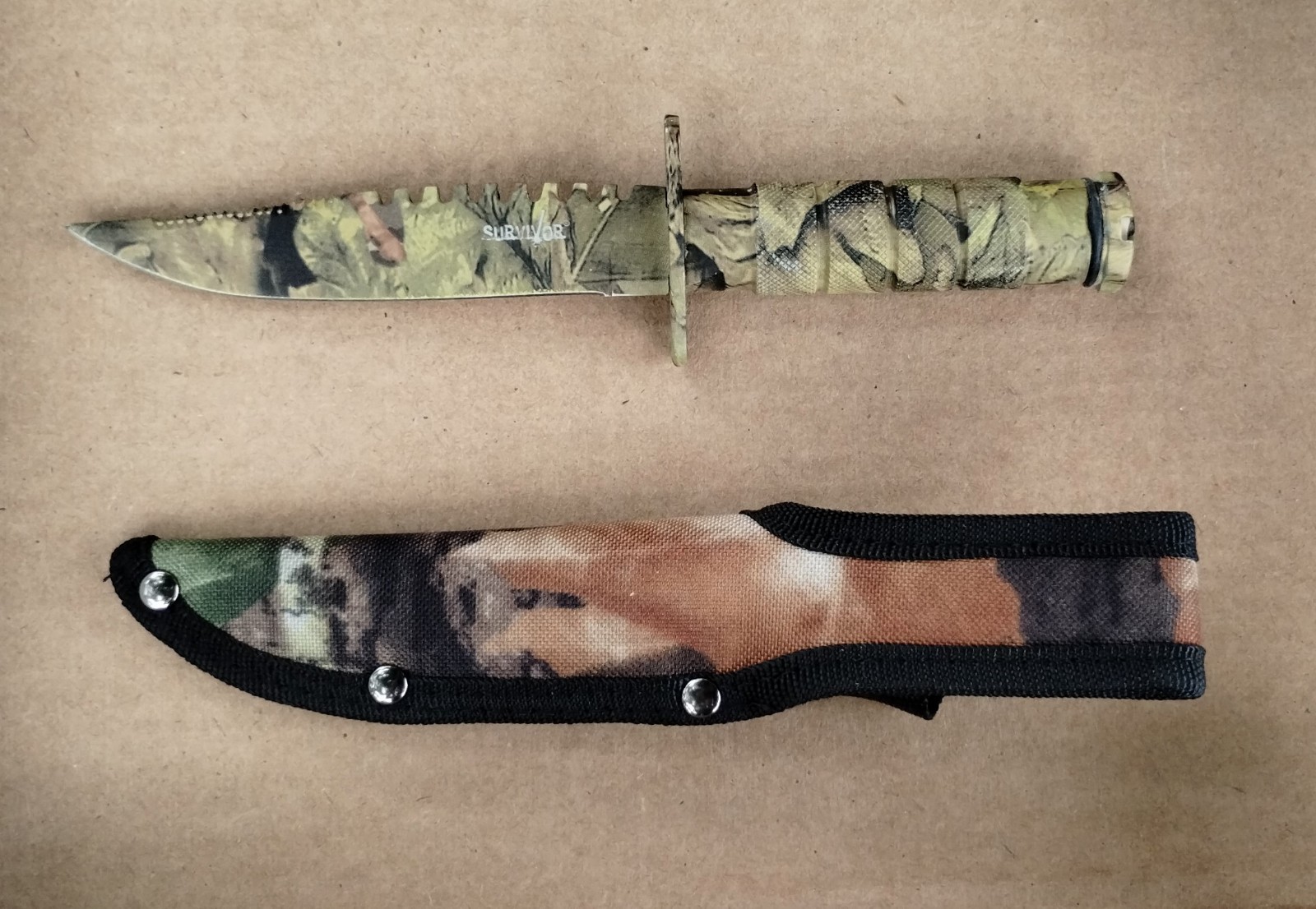 Forest Camo 8.5" Fixed Blade Survival Knife Aluminum Handle Compass Camping Kit