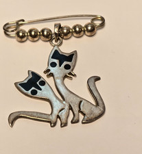 Vintage 925 Sterling Silver Onyx Inlay Dangle Cats Brooch  Mexico