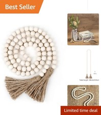 Stylish White Wood Bead Garland with Tassels - 58-Inch Rustic Home Accessory