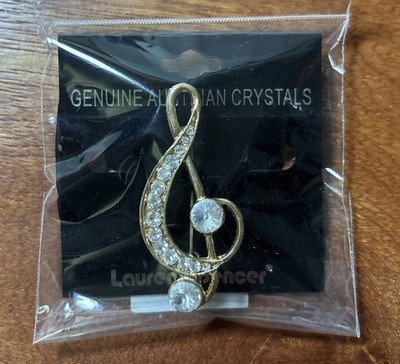 Gold-Tone Black & Clear Rhinestones Treble Clef Brooch