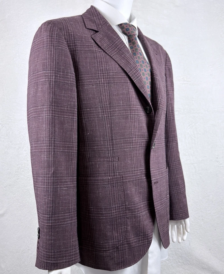 Brunello Cucinelli Sport Coat Burgundy Glen Check Wool Silk Linen 54IT 44US NWOT - Image 2 of 4