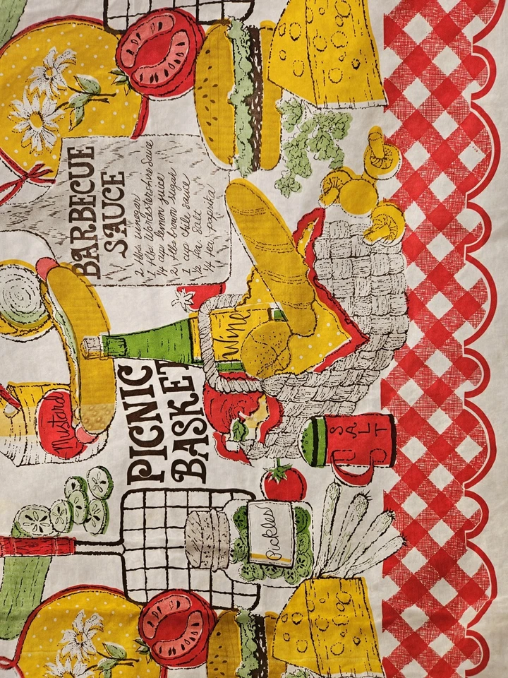 Vintage Mid Century Vinyl Red Checked Picnic Basket Bbq Sauce Recipe Tablecloth - Image 4 of 4