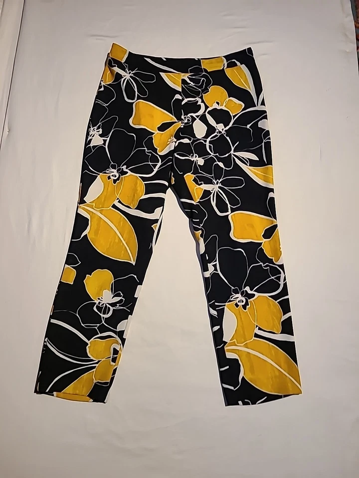 NATORI WOMENS PANTS ELASTIC WAIST WIDE LEG FLORAL Blk & Wht W/yellow  SIZE 12 - Image 2 of 4