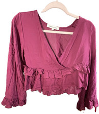 Nikki Erin Pink Magenta V-Neck Long Sleeve Ruffle Cropped Top Sz Small Boho
