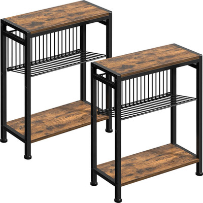 Rustic Brown & Black 3-Tier Slim Side Table Set of 2 for Small Spaces