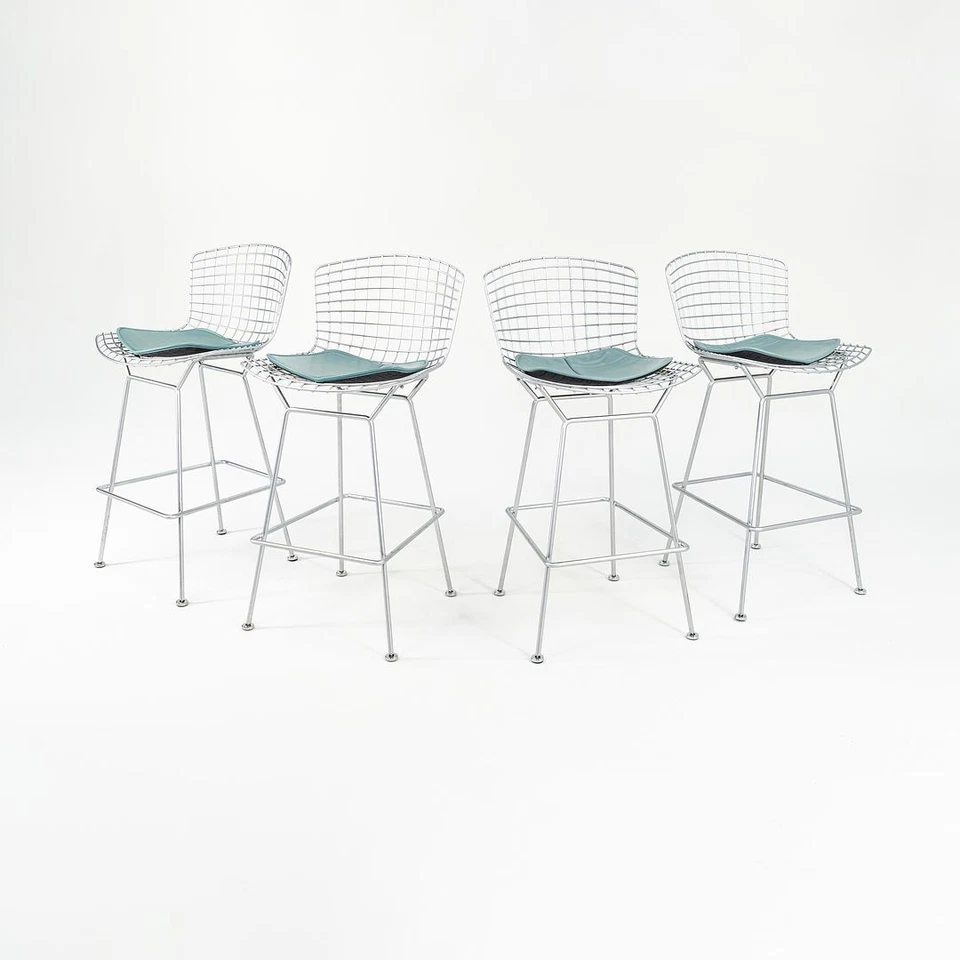 2010s Knoll Harry Bertoia Bar Stool in Satin Chrome with Blue Seats 4x Available - Image 2 of 4