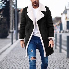 Mens Faux Fleece Fur Lined Lapel Collar Parka Winter Warm Jacket Outwear Coat