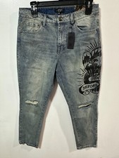 Ed Hardy Men's Size 34xL30 Light Vintage Blue Eagle Taper Jeans $175 NWT