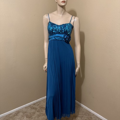 Women’s Teal Polyester Party Stretch Lined Pleated Beaded Size M Dress Sundress - Picture 2 of 21
