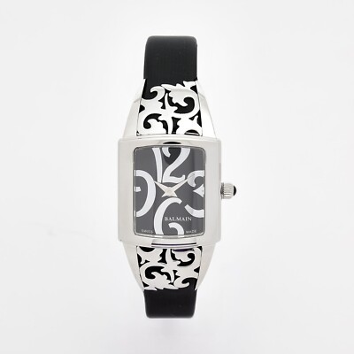£560 BALMAIN Elysees Arabesques Silver Black Leathr Sapphire Crystal Swiss Watch