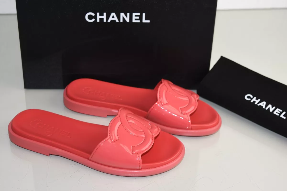 New 17 S Chanel Cambon Mules RED CC Flats Flat Sandals Patent Leather Shoes  37