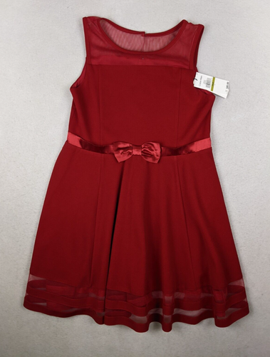 Calvin Klein Girls Illusion Mesh Bow Dress Red Formal Holiday Size 14.5 New
