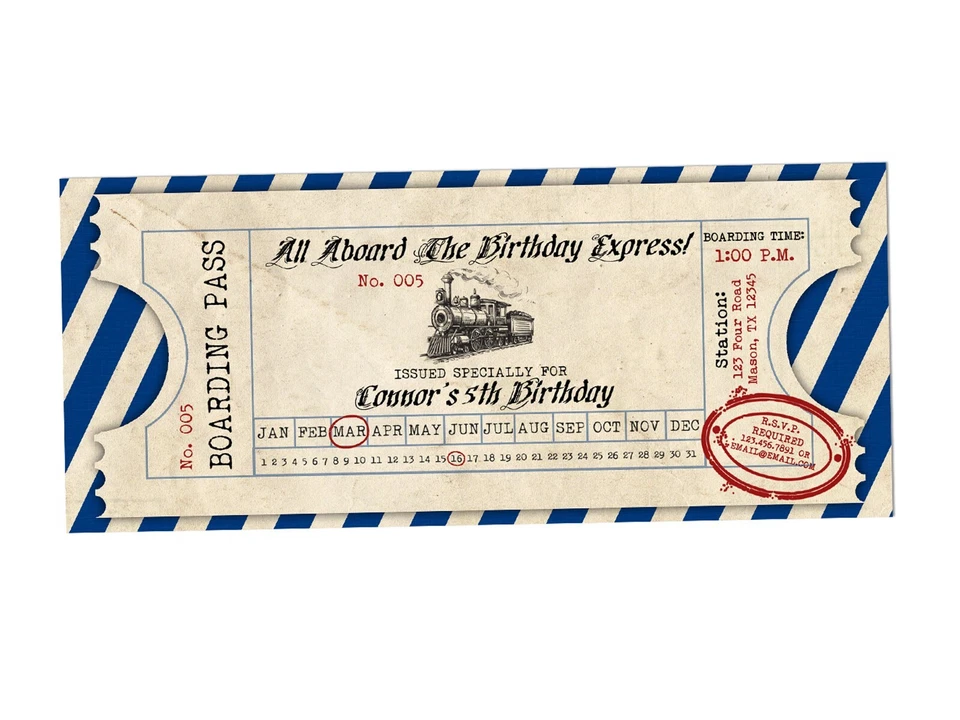 Convites de aniversário vintage marinho bilhete de trem personalizados 3x7" com envelopes - Imagem 2 de 3