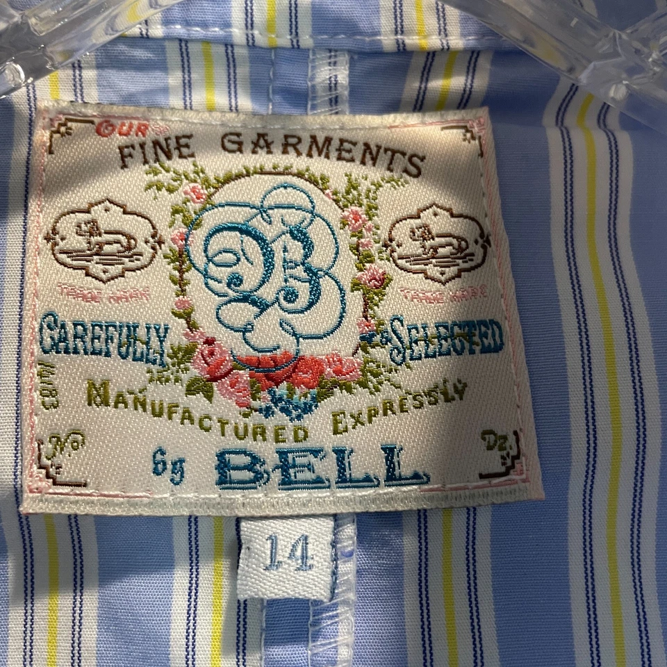 Fine Garments by Bell Women's 14 Blue Yellow Striped 3/4 Ruffle Sleeve Blouse - Image 3 of 4