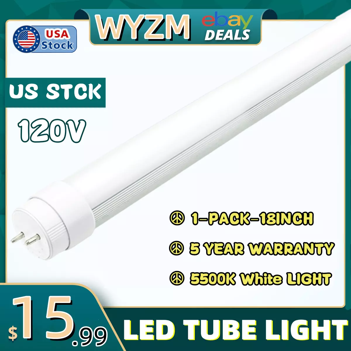 F15T8 LED Tube Light 7W 120V 5500K Daylight White 18 Inch LED