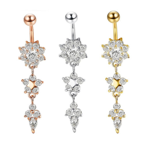 Flower Glitter Stainless Steel Dangle Belly Button Piercing Navel Bars Ring Body - Picture 2 of 11