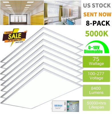 2x4 LED Thin Edge-Lit Flat Light 8 Pack 75 Watt 5000K, Flush Drop Ceiling Lights