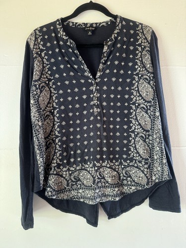Lucky Brand Rayon Navy Blue Bandana Print Roll Tab Sleeves Knit Popover Shirt
