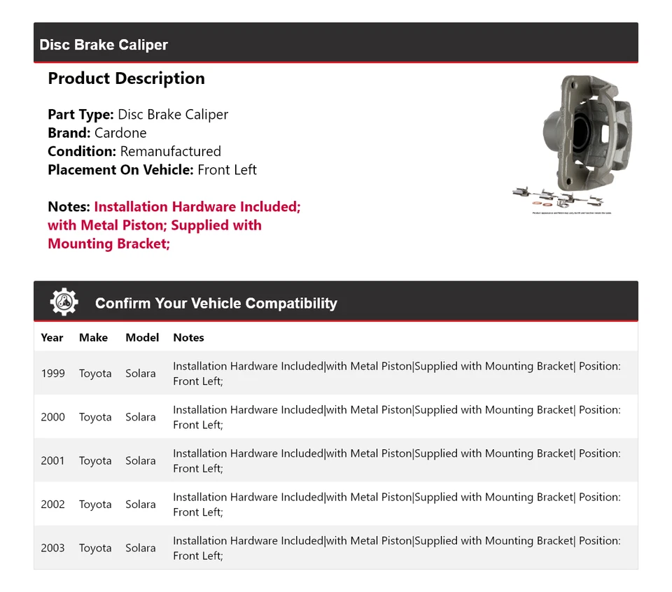 Штангенциркуль переднего левого дискового тормоза для Toyota Solara 1999-2003 годов выпуска Cardone 2000 2001 2002 годов выпуска - Изображение 2 из 4