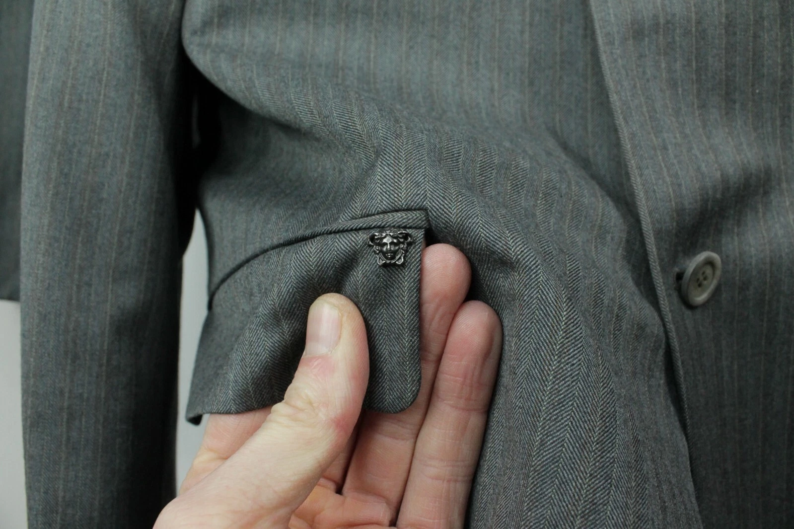 Versace Micro Spina di Pesce Grigio Lana Abito Formale Tuta Regular Fit Uomo 40 50R