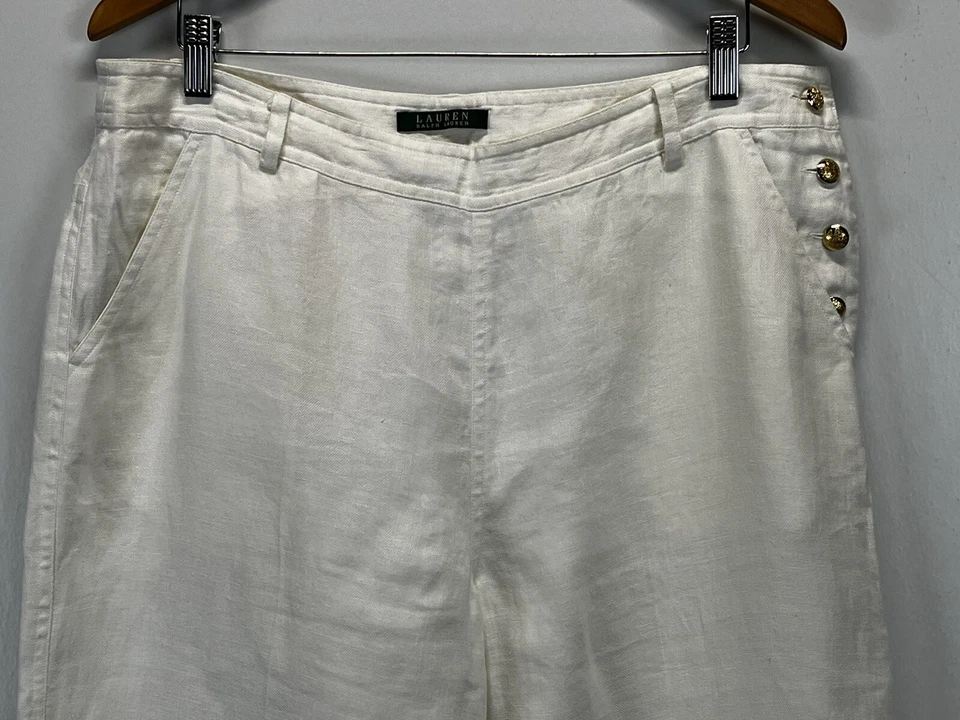 Women Lauren Ralph Lauren 100% Linen Wide Leg Pants 12 Gold Buttons White Lined - Image 2 of 4