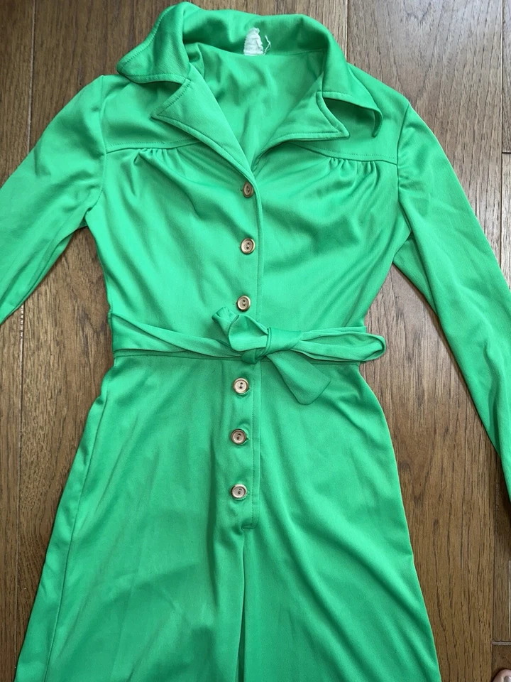 Mono Hippie Boho De Colección Años 60 70 Botón Delantero Pierna Ancha Verde Lima Disco RARO Foto 2 de 4