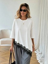 Women's Oversized Lace Hem T Shirt Loose Casual Half Sleeve Tunic Top Blouse