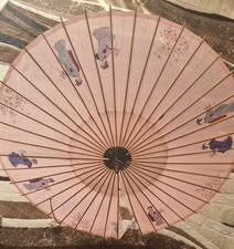 Vintage Asian parasol umbrella with hand-painted figure on soft silk